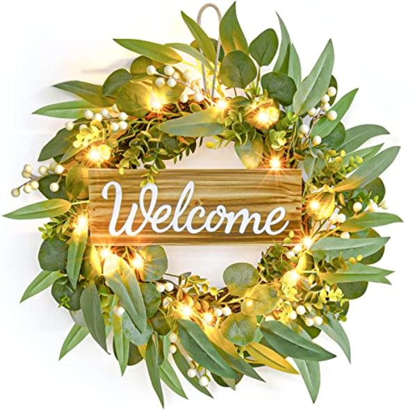 Fulldepot Front Door Wreath, 25.19 inches Artificial Eucalyptus Wreath, Front Porch Decor with Light and Welcome Sign, Farmhouse Decor for Festival, Wall, Window, Party and Front Door Online Sale