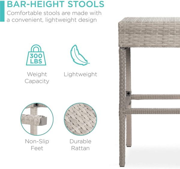 BARAYSTUS 5-Piece Outdoor Wicker Bar Table Set for Patio, Poolside, Backyard w Built-in Bottle Opener, Hidden Storage Shelf, Metal Tabletop, 4 Stools - Gray Cheap