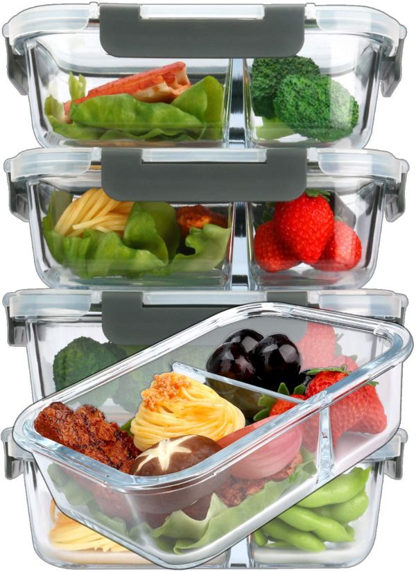 Aiduy [5-Pack,36 Oz]Glass Meal Prep Containers 2 Compartments Portion Control with Upgraded Snap Locking Lids Glass Food Storage Containers, Microwave, Oven, Freezer and Dishwasher (4.5 Cups) For Cheap