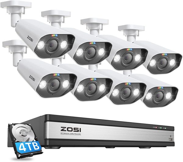 ZOSI 16CH 4K Spotlight PoE Security Camera System,H.265+ 16CH 8MP NVR with 4TB HDD,8pcs 4K Outdoor PoE IP Cameras,2-Way Talk,Human Detection,Sound&Light Alarm,Remote Access for Home 24 7 Recording Sale