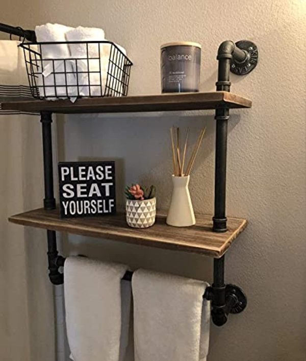 Industrial Pipe Bathroom Shelves Wall Mounted 2-Shelf,Rustic Pipe Shelving Wood Shelf with Towel Bar,Pipe Floating Shelves Towel Holder Fashion