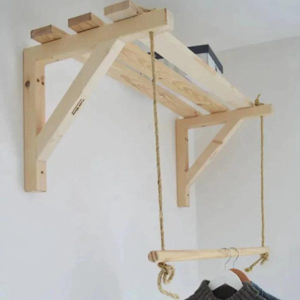 Wooden Bracket Shelf With Hanging Rope Timber Clothes Rack ( With Complementary Coaster ) By Miza on Sale