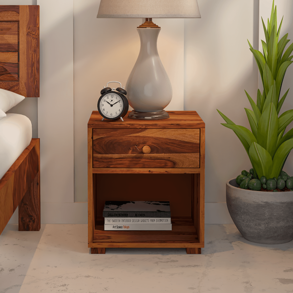 Rivo Sheesham Wood Bed Side Table with Drawer In Light Honey For Discount