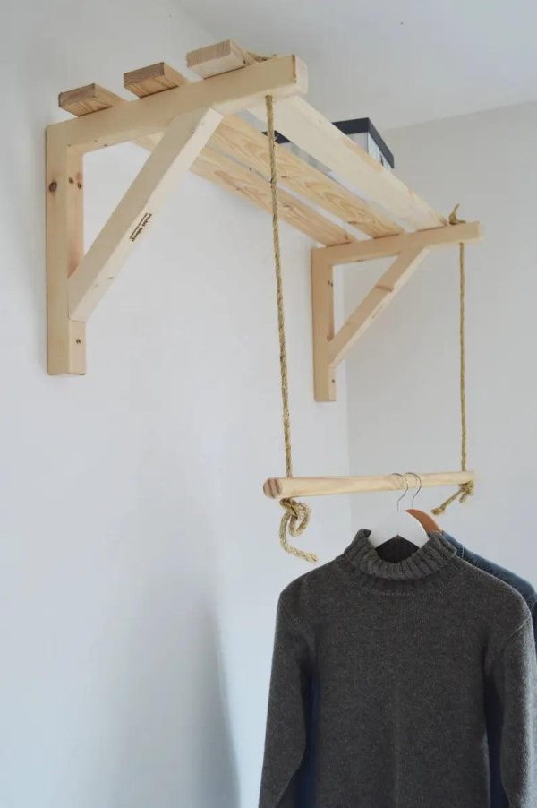 Wooden Bracket Shelf With Hanging Rope Timber Clothes Rack ( With Complementary Coaster ) By Miza on Sale